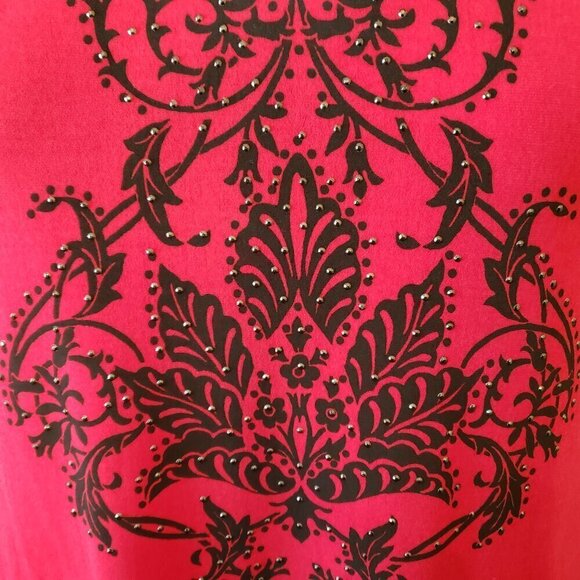 JM Collection Red Hot & Black Beaded Blouse Sheer Bell Sleeves, Size XL - Picture 4 of 9